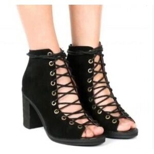 JEFFREY CAMPBELL Cors Suede Lace Up‎ Peep Toe Block Heel Booties Black Sz 8